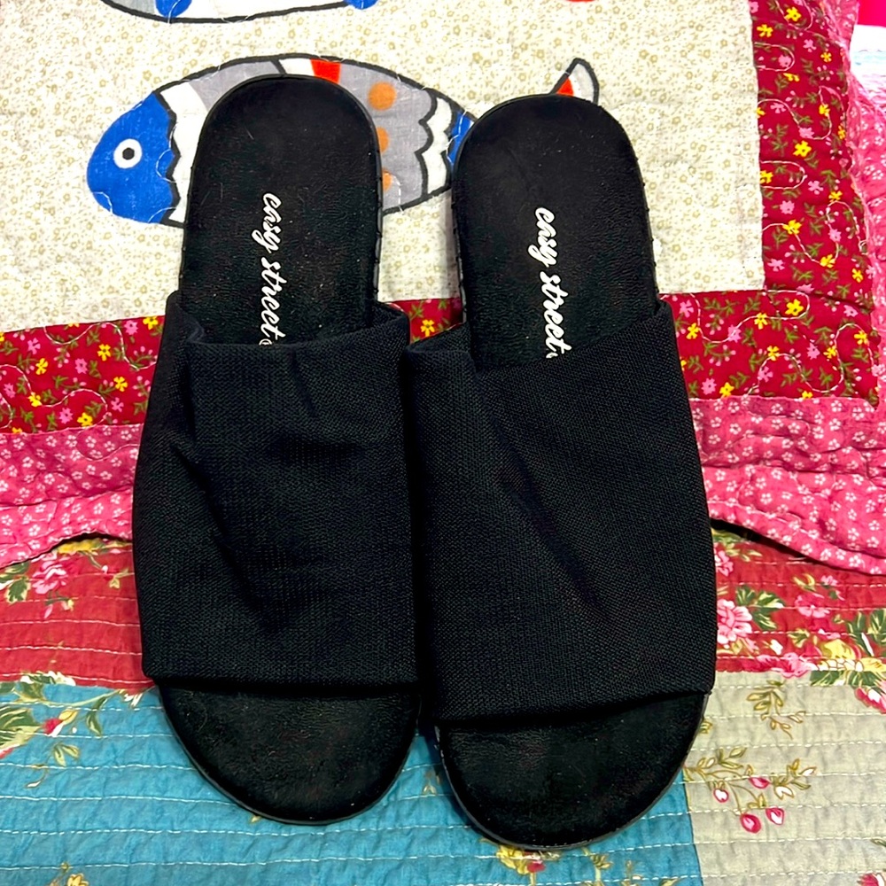 Black Slip On Sandals Stretchy Fabric Upper